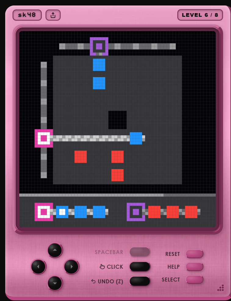 sk48, level 6: human play, a second run, pink and purple skewers