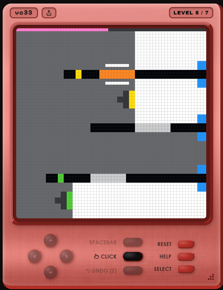 vc33, level 5: human play, green put down, yellow next