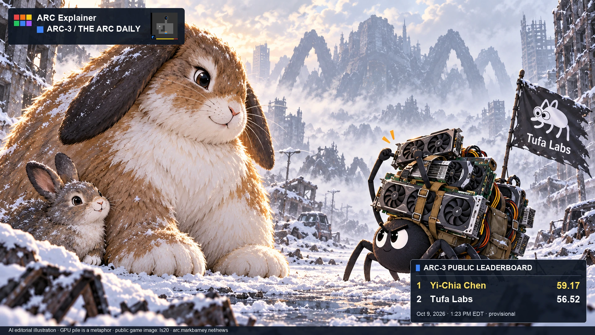 A giant fluffy rabbit and its smaller companion face Tufa’s cartoon spider carrying graphics cards in a snowy city. ARC-3 score card: Yi-Chia Chen first at 59.17; Tufa Labs second at 56.52.