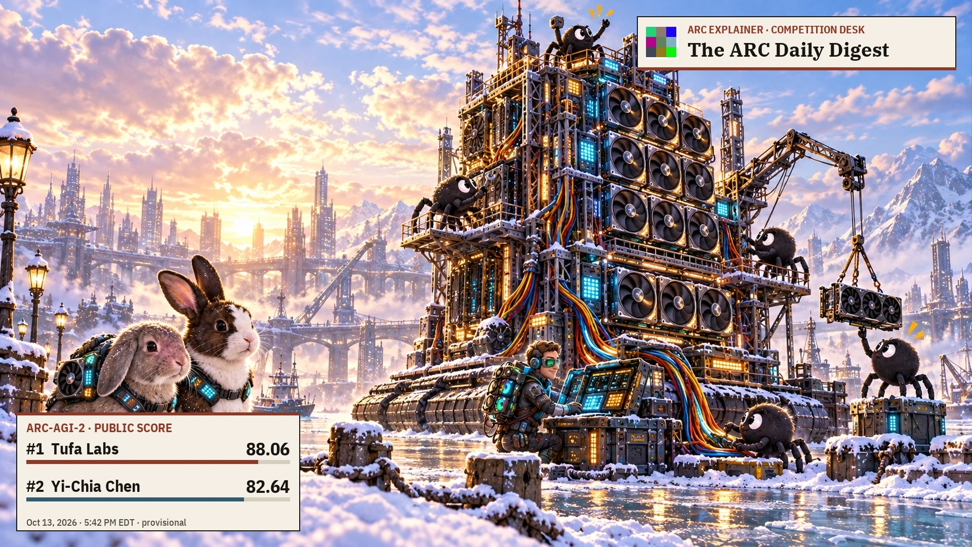 Editorial illustration for Chen takes second on ARC-2 as Tufa holds the summit. Tufa Labs: rank 1, score 88.06; Yi-Chia Chen: rank 2, score 82.64.