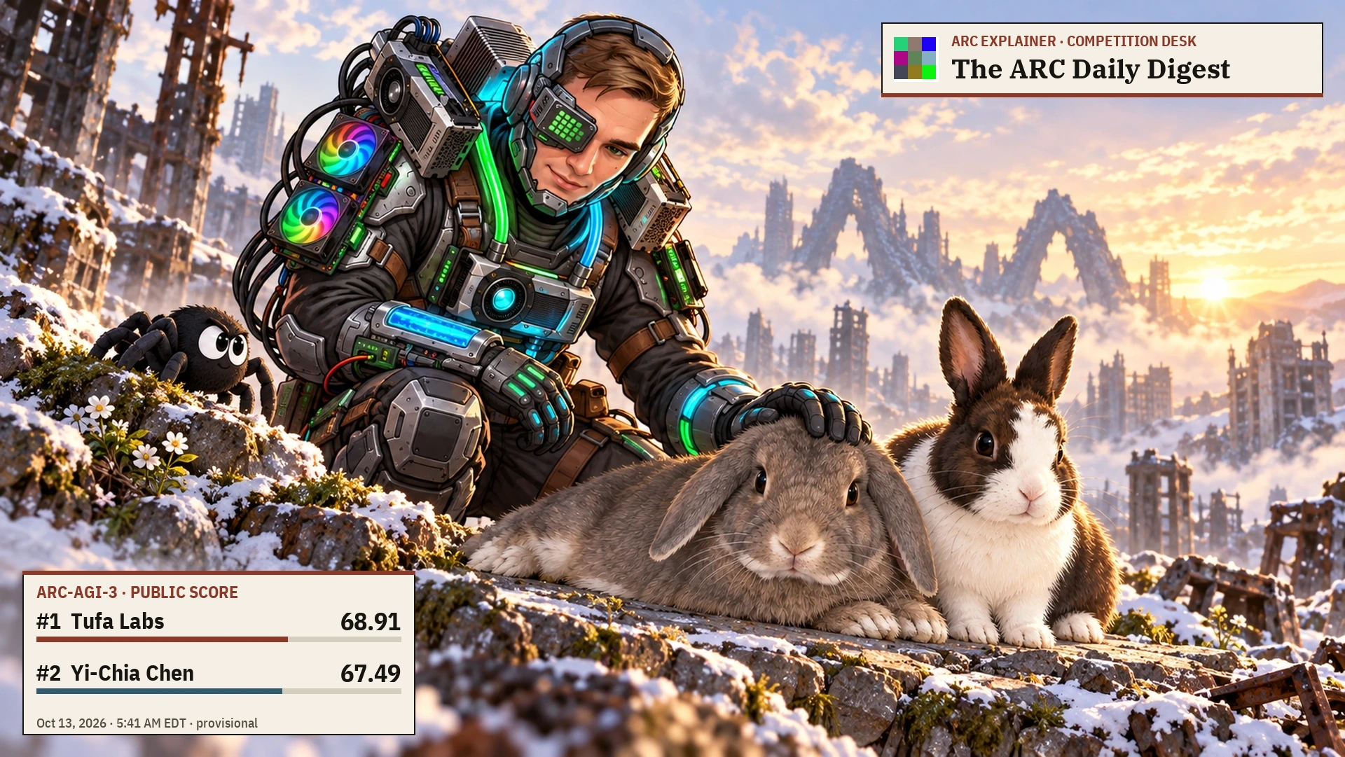 Editorial illustration for Tufa retakes the ARC-AGI-3 lead as NVARC3 climbs to fourth. Tufa Labs: rank 1, score 68.91; Yi-Chia Chen: rank 2, score 67.49.