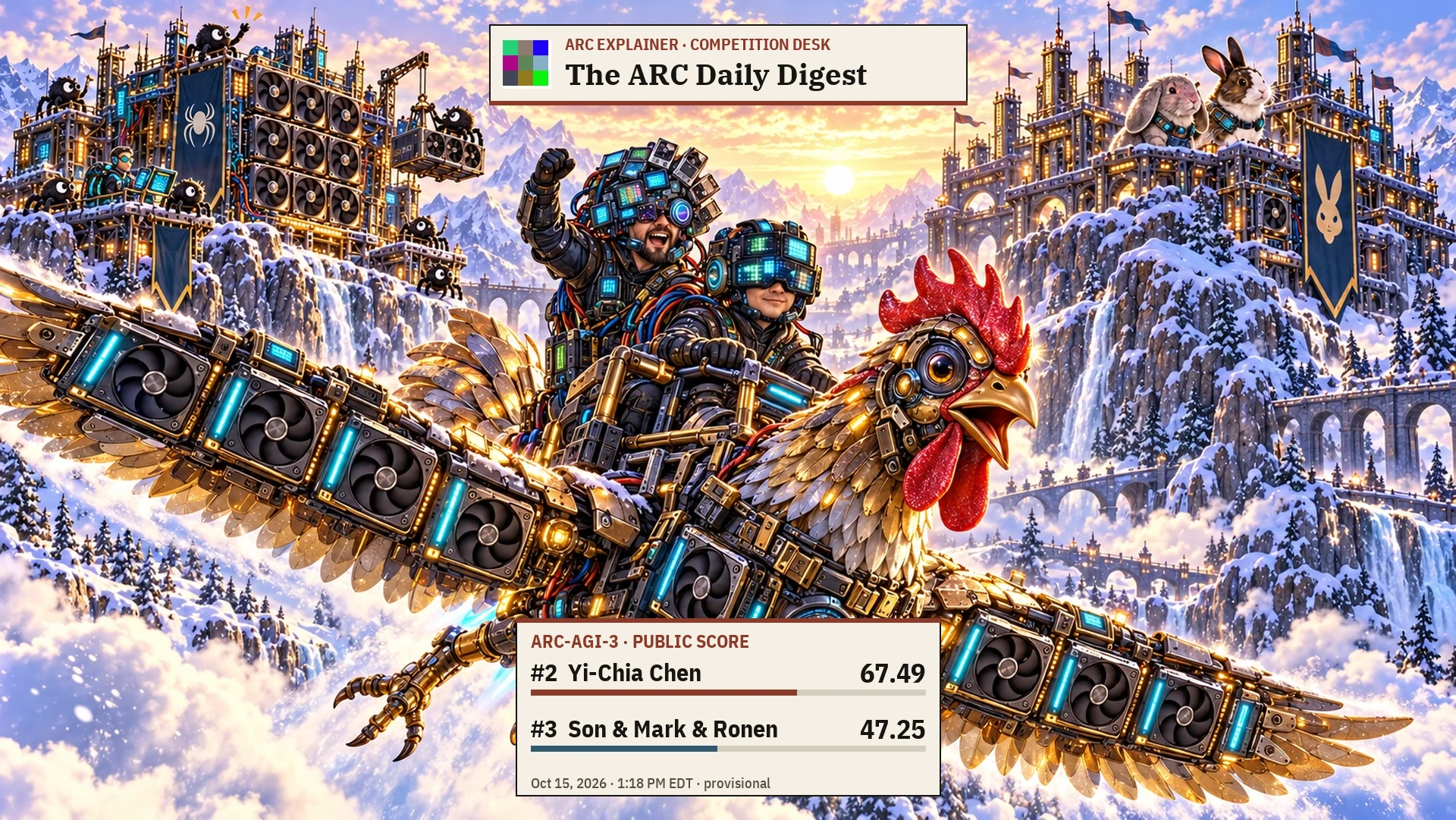 Editorial illustration for Special afternoon edition: Argon joins the frontier; Son, Mark & Ronen jump to third. Yi-Chia Chen: rank 2, score 67.49; Son & Mark & Ronen: rank 3, score 47.25.