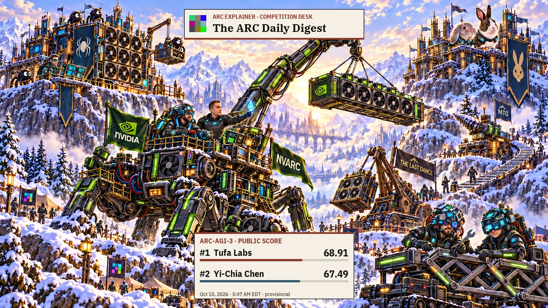 Editorial illustration for AquaUrsa Research jumps into ARC-3 gold as the cutoff rises. Tufa Labs: rank 1, score 68.91; Yi-Chia Chen: rank 2, score 67.49.