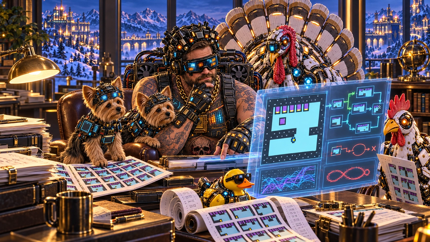 Editor Mark Barney studies BP35 replay diagrams with his two cybernetic Yorkies and a mechanical duck, chicken and turkey in a snowy mountain newsroom.