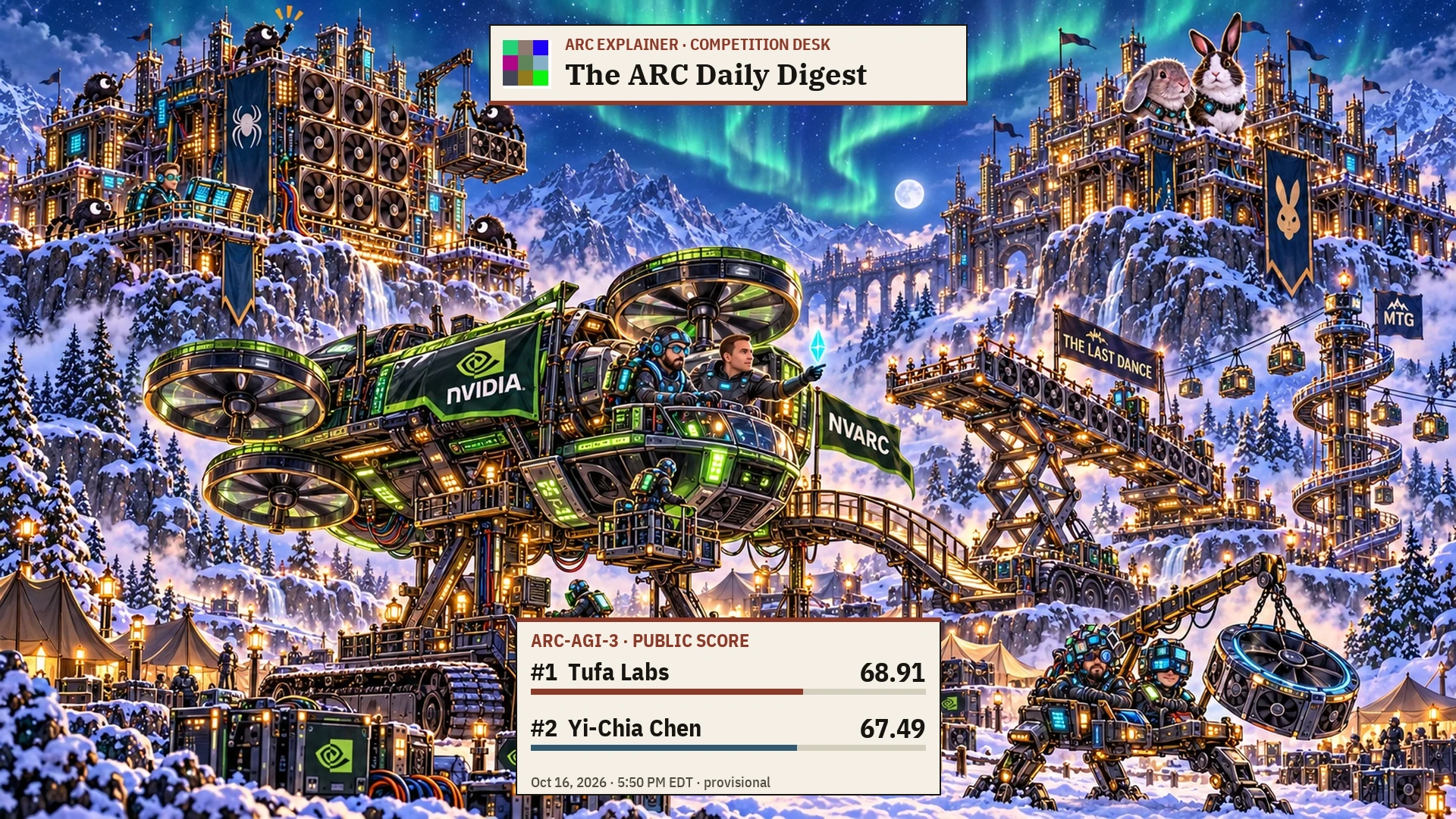 Editorial illustration for mtg takes third as the ARC-3 chase clears fifty. Tufa Labs: rank 1, score 68.91; Yi-Chia Chen: rank 2, score 67.49.