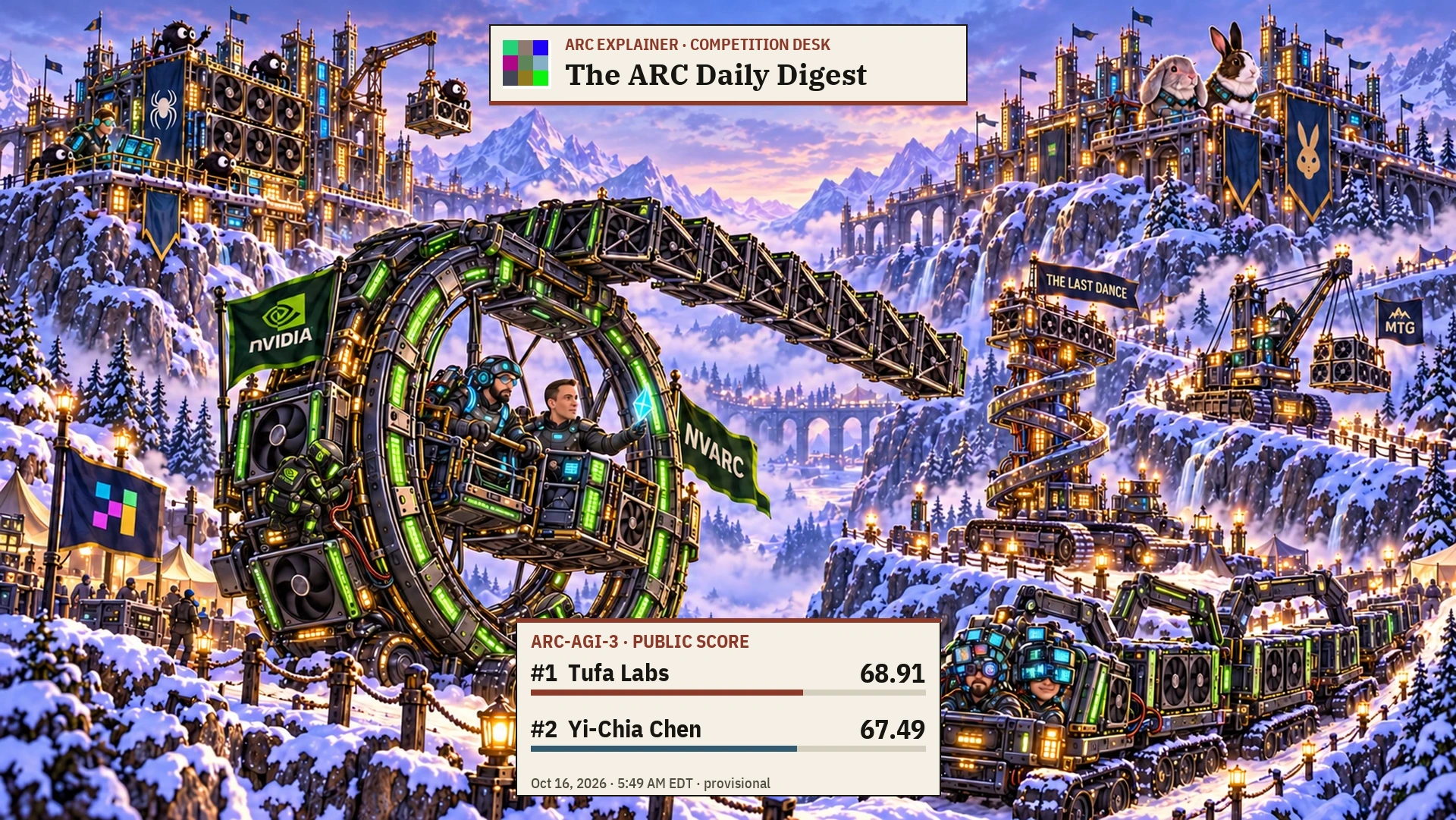 Editorial illustration for The last dance takes third as the ARC-3 chase shifts again. Tufa Labs: rank 1, score 68.91; Yi-Chia Chen: rank 2, score 67.49.