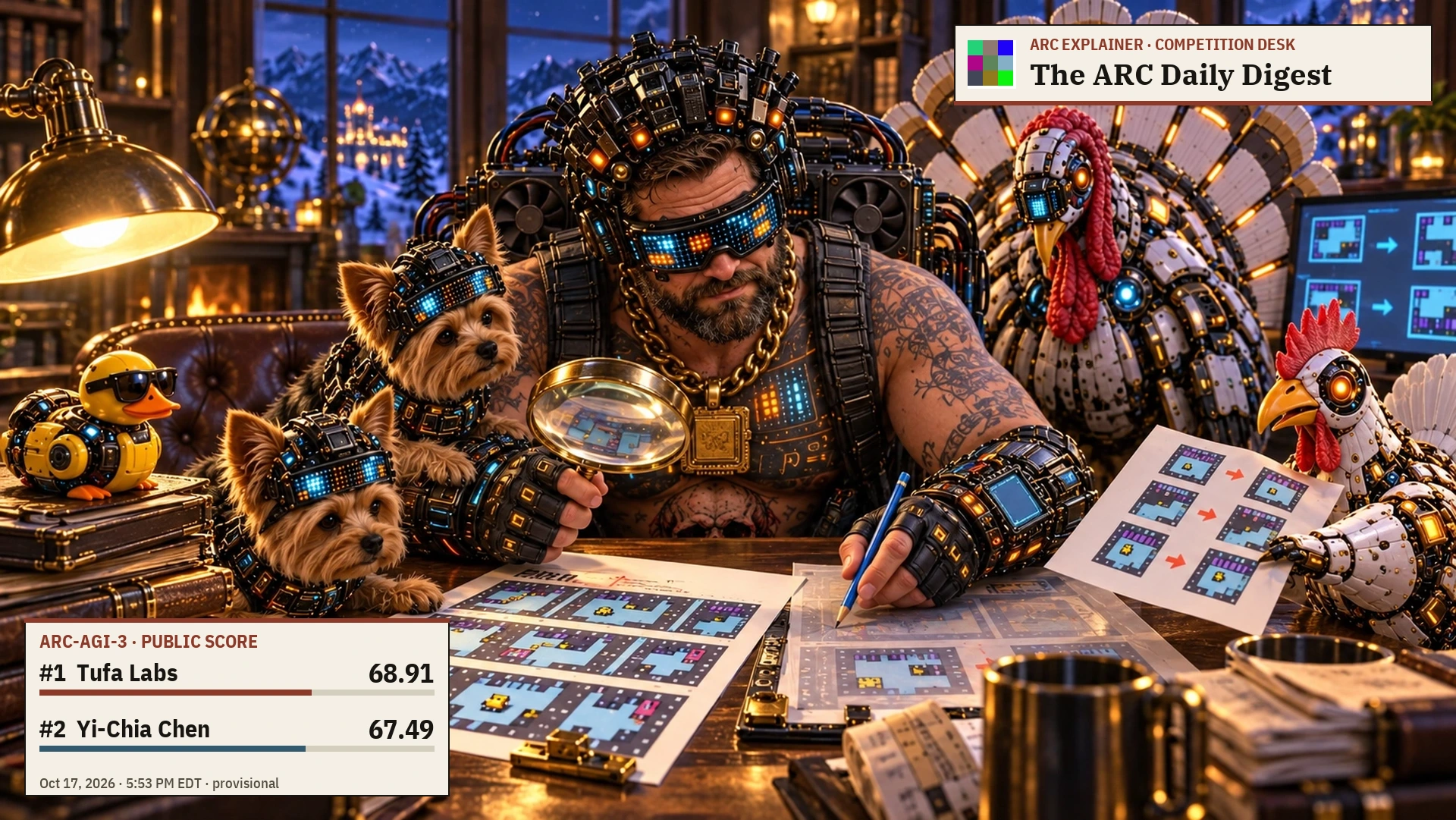 AI editorial illustration: head human editor Mark Barney examines illustrative replay sheets with a magnifier beside two Yorkies and three mechanical birds: a duck, chicken and turkey. ARC-3 score panel: Tufa Labs first, 68.91; Yi-Chia Chen second, 67.49; October 17, 2026, 5:53 PM EDT.