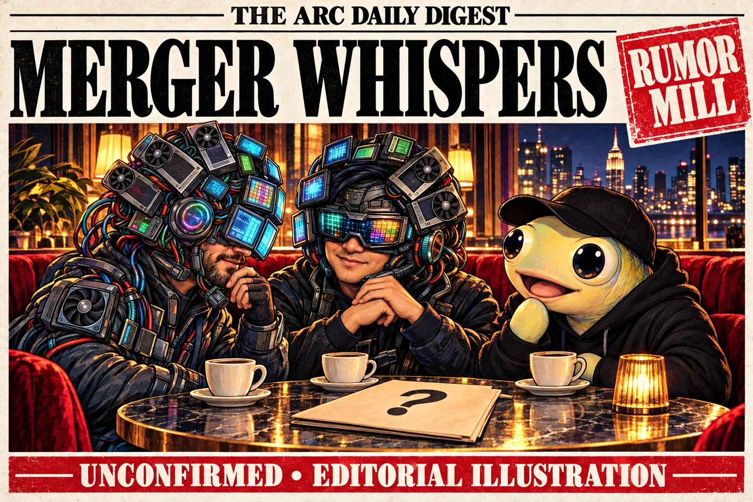 Imagined tabloid-style meeting between Mark Barney, Son Pham and Keith Tyser’s established avatars; prominently marked unconfirmed editorial illustration.