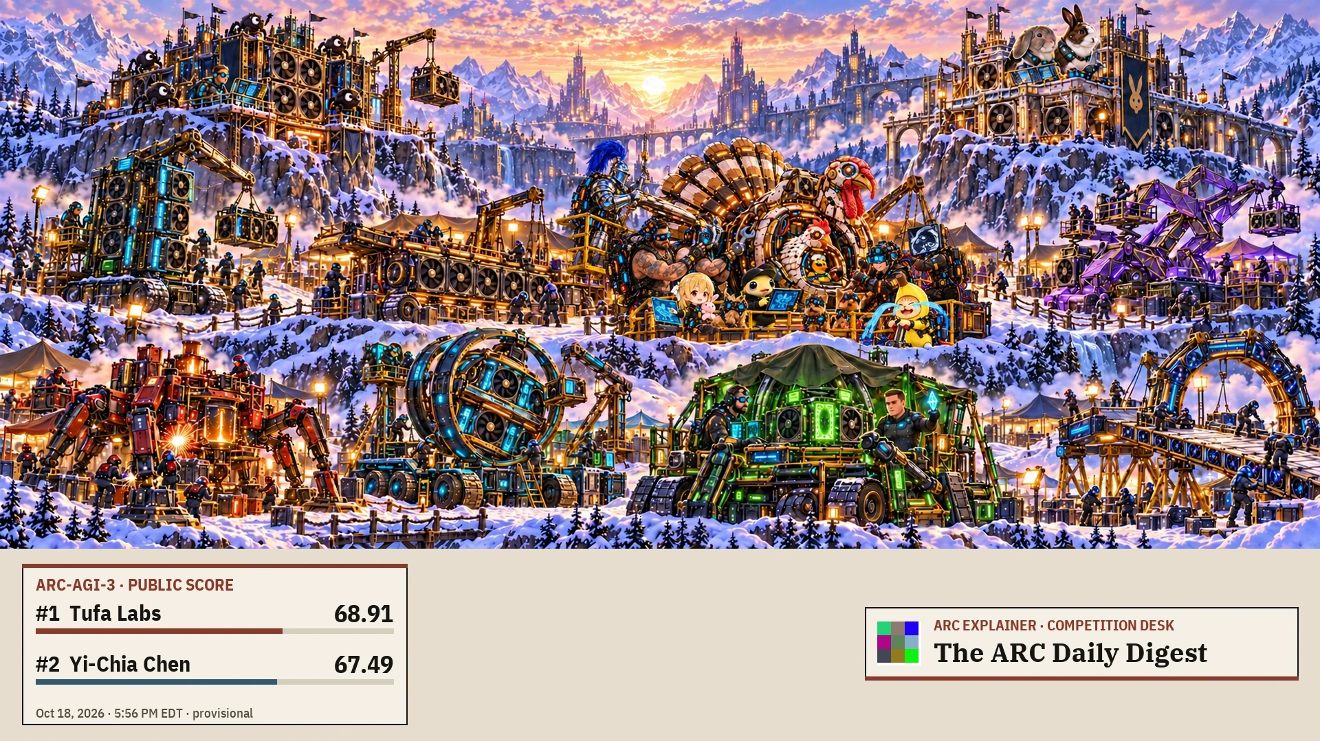 AI editorial panorama: Tufa’s five spider mascots and Dries, Chen’s two rabbits, and eight challenger workshops, including the seven-character Turducken crew with two Yorkies and Puget and Sorokin at NVARC3. Separate ARC-3 score panel: Tufa Labs first, 68.91; Yi-Chia Chen second, 67.49; October 18, 2026, 5:56 PM EDT.