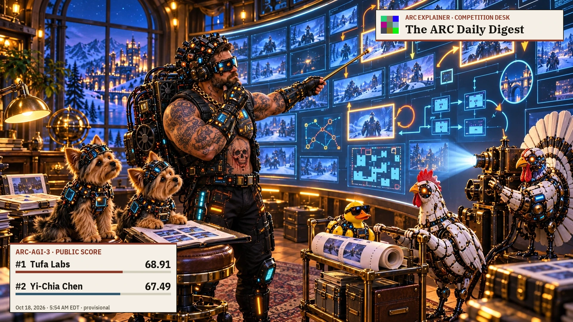 AI editorial illustration: head human editor Mark Barney studies a wall of illustrative replay diagrams with two Yorkies and three mechanical birds: a duck, chicken and turkey. ARC-3 score panel: Tufa Labs first, 68.91; Yi-Chia Chen second, 67.49; October 18, 2026, 5:54 AM EDT.