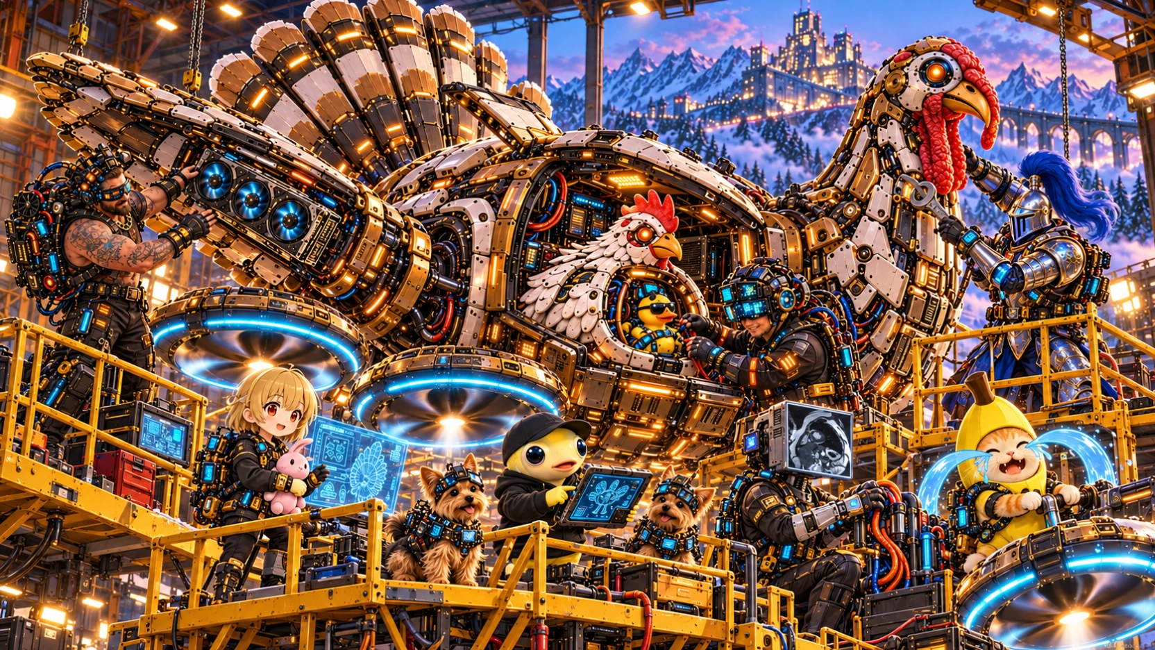 Team Turducken’s full crew works on a giant mechanical turkey containing a mechanical chicken and a duck in sunglasses, in a glowing hangar overlooking snowy mountains and a castle. Mark works on the wing, Son tends the cockpit, and Keith’s yellow mascot uses a tablet beside two armoured Yorkies. DZ, a blonde chibi girl holding a pink bunny, operates diagnostics; NT, a tabby kitten in a banana costume shedding comic tears, adjusts a thruster; Choryu, a technician with a cardiac MRI display for a head, connects cables; and Herminator, Ronen’s silver knight bot with a cobalt-blue plume, tightens the mech’s fittings. All wear matching tech harnesses.