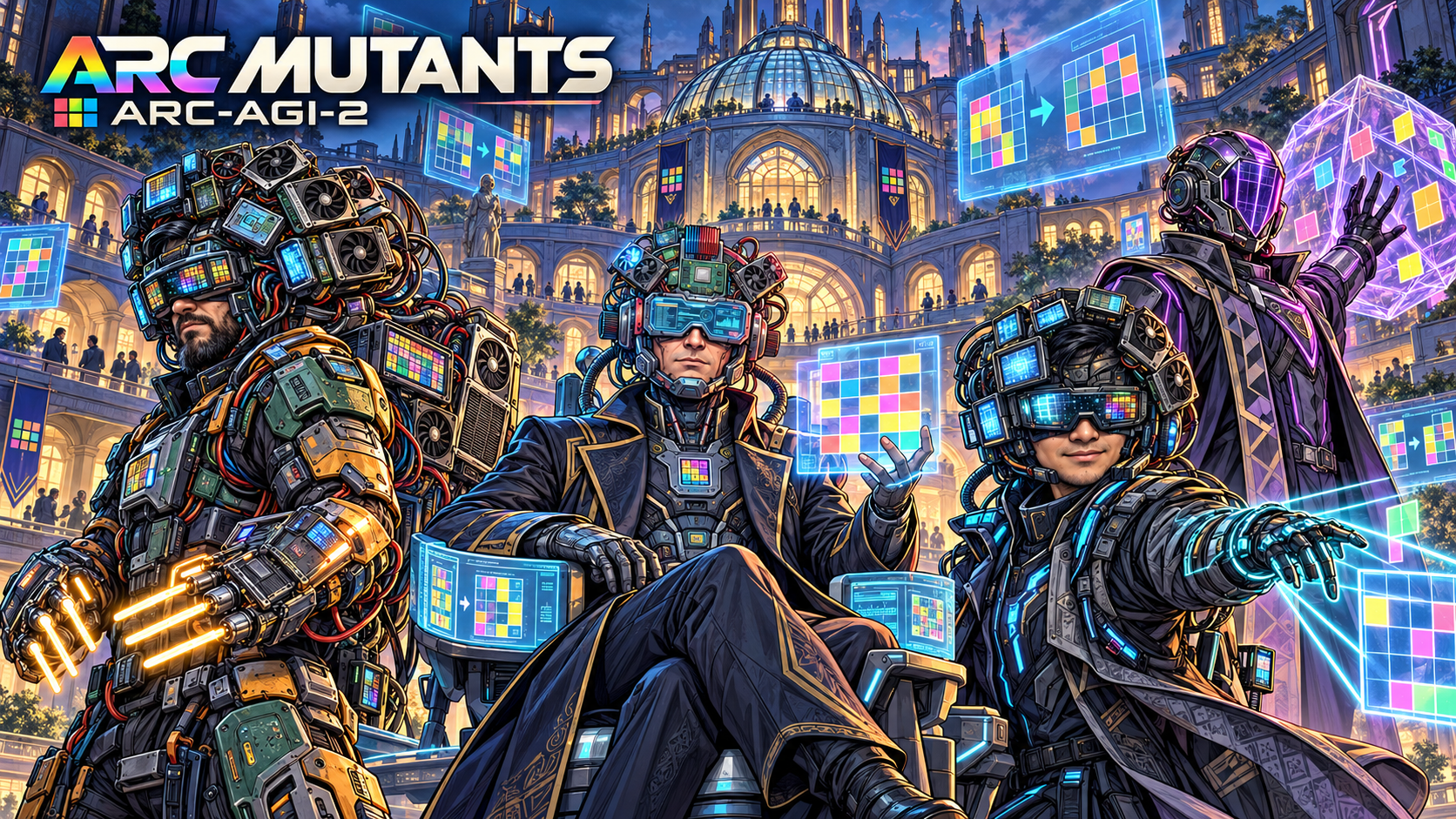 ARC Mutants at a glowing digital university filled with ARC grids: Mark with GPU gauntlets on the left, Jack Cole as the seated central mentor, Son at the front right, and an original helmeted character representing Ronen behind him.