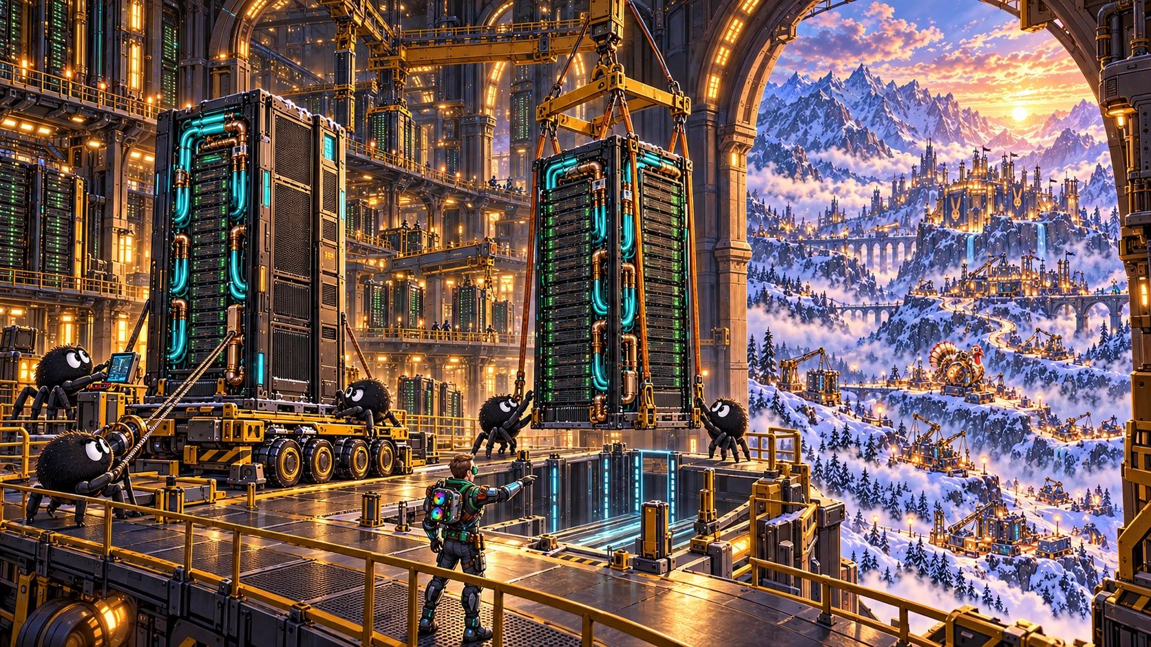 Inside Tufa’s immense data citadel, five spider mascots and Dries guide two server racks into place while rival machines climb the snowy valley far below.