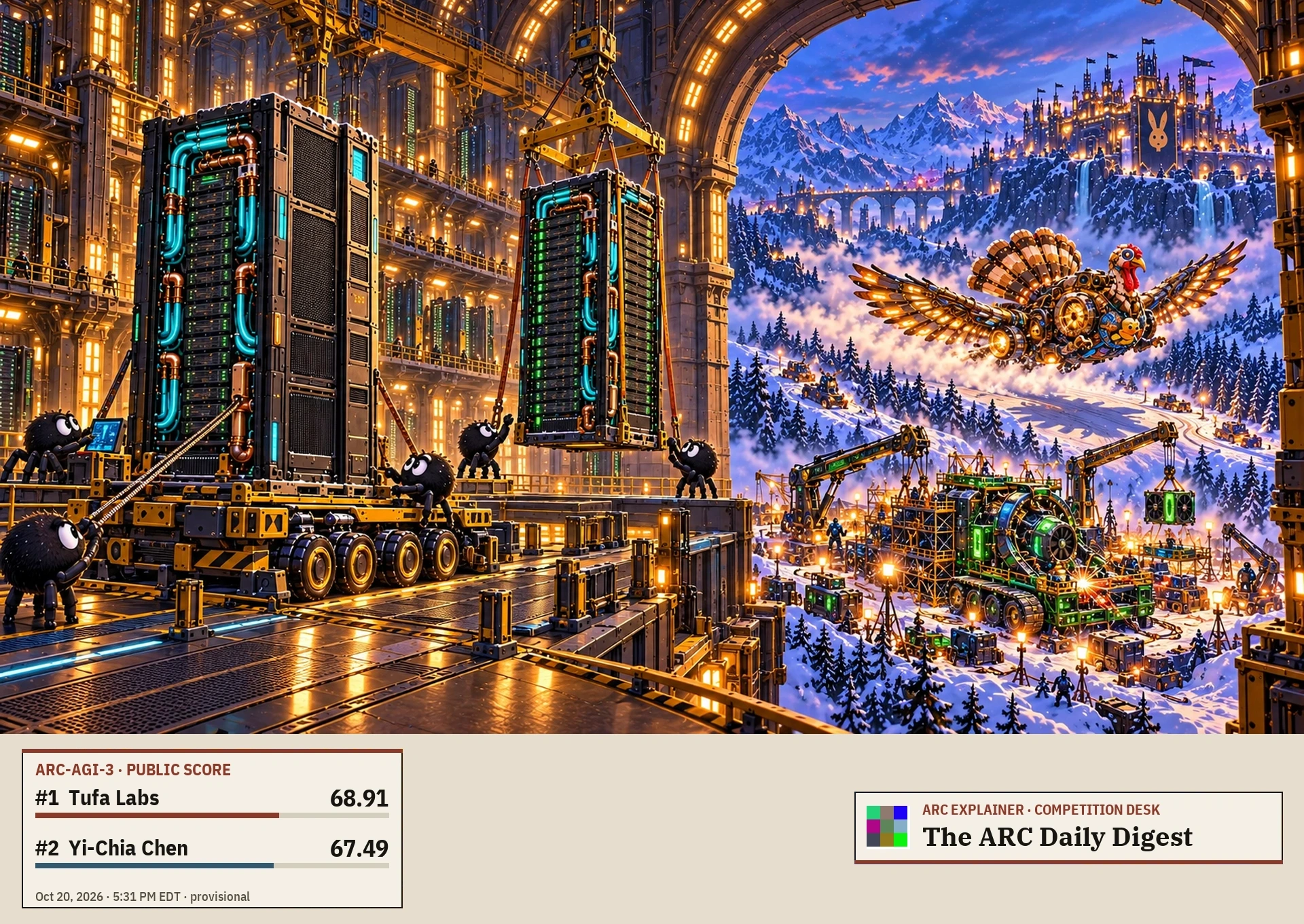 AI editorial fantasy: five spider mascots install two racks inside Tufa’s citadel; outside, a riderless mechanical Turducken flies above NVARC3’s green siege construction site and a rabbit-banner stronghold. ARC-AGI-3 public scores: Tufa Labs first, 68.91; Yi-Chia Chen second, 67.49. October 20, 2026, 5:31 PM EDT.