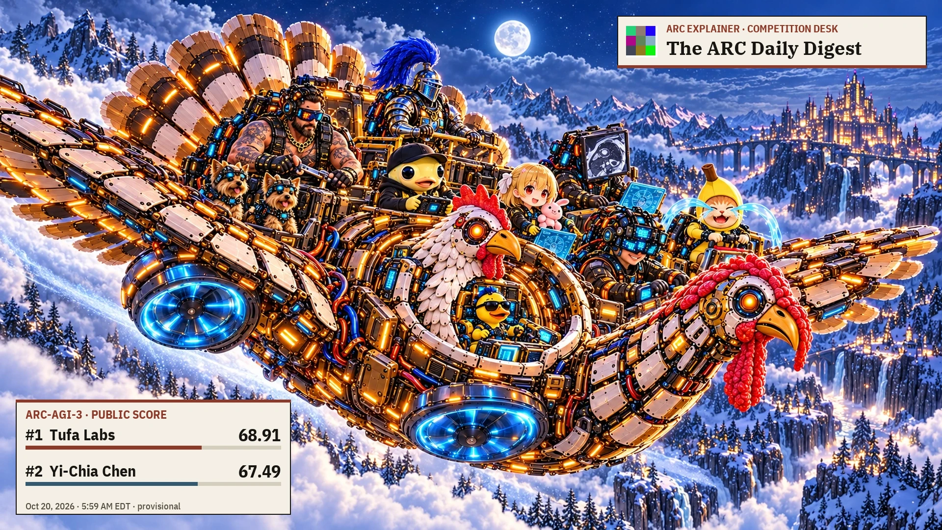 AI editorial illustration: Team Turducken’s full crew—Mark, Son, Keith’s yellow mascot, DZ with her pink bunny, NT the banana kitten, Choryu’s MRI-display character and Herminator standing in for Ronen—flies the nested mechanical turkey, chicken and duck over a snowy canyon, with two Yorkies. ARC-3 public score panel: Tufa Labs first, 68.91; Yi-Chia Chen second, 67.49; October 20, 2026, 5:59 AM EDT.