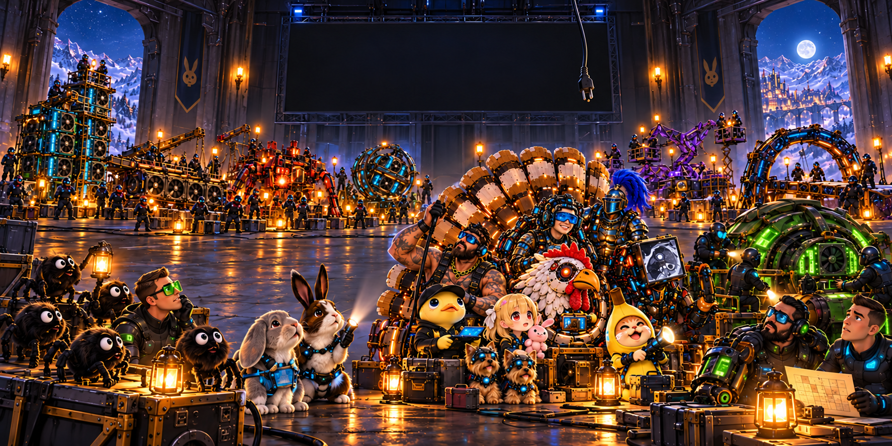 AI editorial cartoon: five spider mascots, two rabbits, the seven-character Turducken crew with two Yorkies, and rival engineers gather with lanterns beneath an unlit scoreboard.