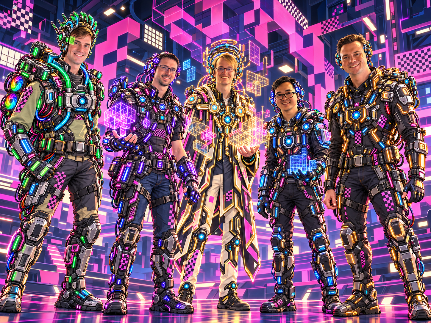 Heroic cyberpunk cartoon inspired by the MIT group photo, left to right: Dries Smit, two unnamed ARC3 puzzle masters, Son Pham and Matt Mazur. Navy and vivid pink puzzle architecture echoes the event badge; all five faces are visible.