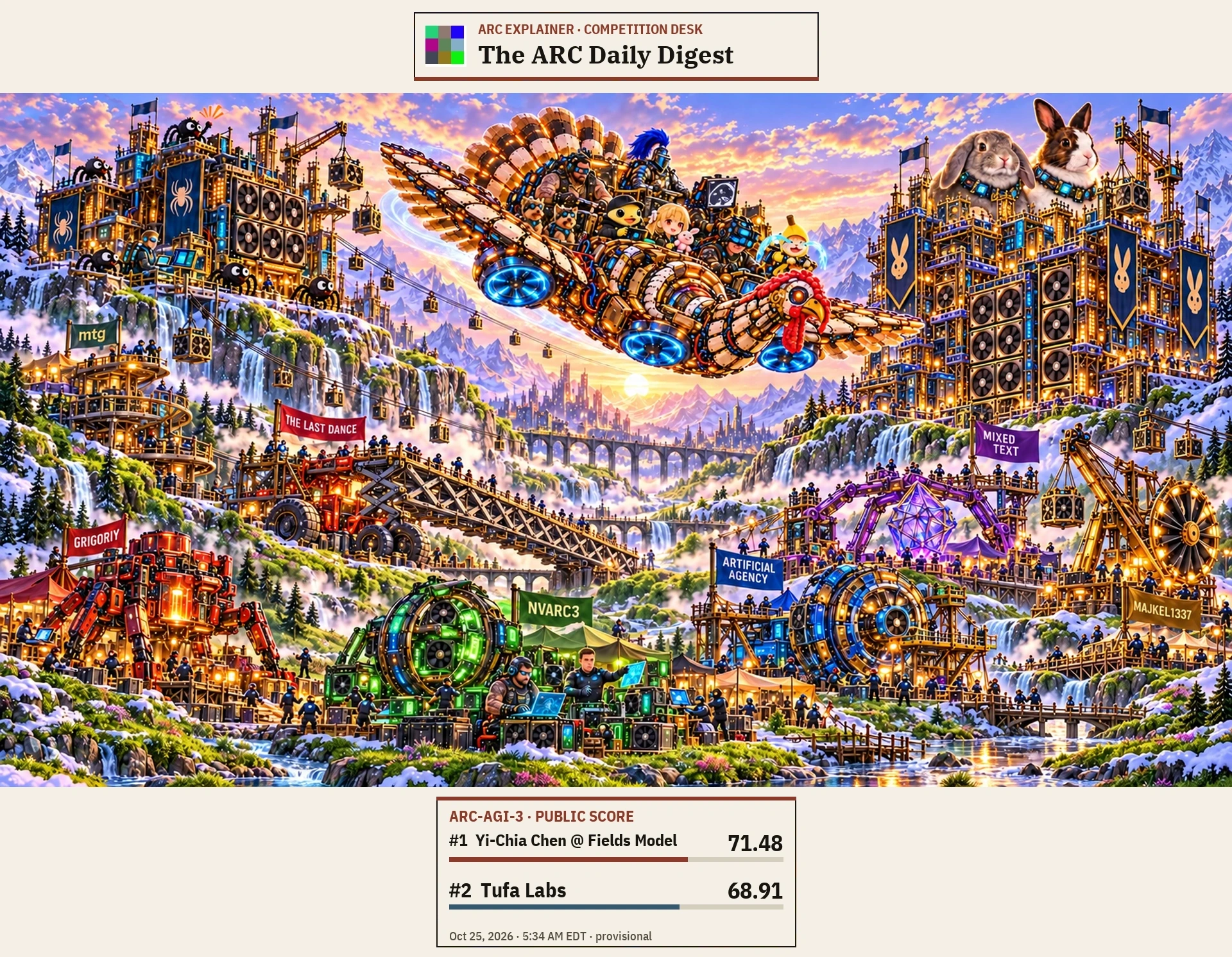 AI editorial panorama: Chen’s two giant rabbits crown the larger citadel opposite Tufa’s five spiders and Dries; the full seven-character Turducken crew and two Yorkies fly over seven busy GPU workshops as snow thaws into streams and greenery. Original Early edition public standings: Chen first, Tufa second.